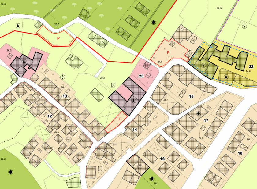 Imaginary General Urban Plan with indications of urban destinations with buildings, roads, buildable areas and land plot – note: the map is totally invented and does not represent any real place