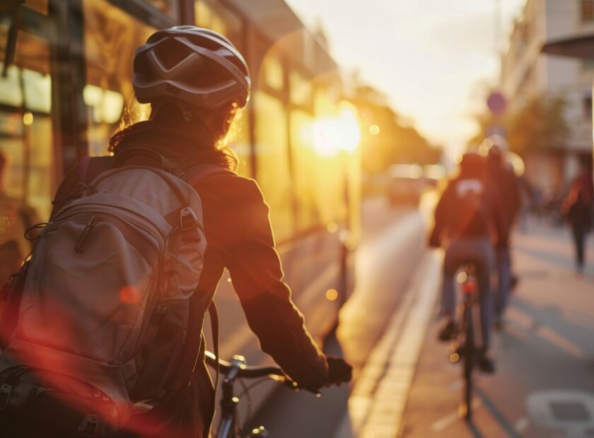 A cyclist riding next to a bus in an urban city, with the focus on their back and side view of them sitting on their bike wearing a helmet and carrying backpacks as they ride Generative AI