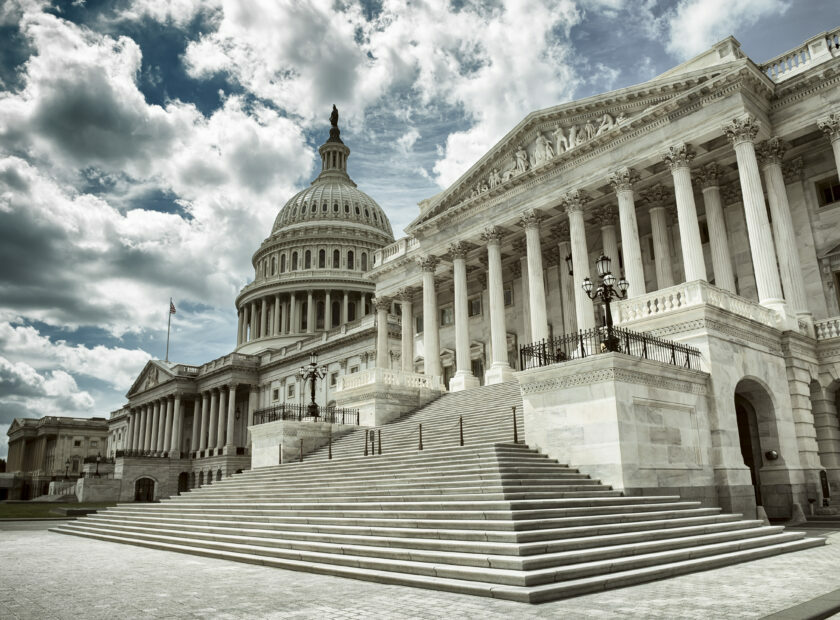 Stark cloudy weather over empty exterior view of the US Capitol Building in Washington DC, USA